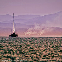 Buy canvas prints of Sailboat Cruise along a Smoky Misty Mountainous Range by Errol D'Souza