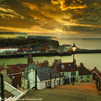 Buy canvas prints of  Sunset at the top of the famous 199 steps at Whit by Mick Evans