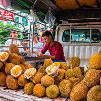Buy canvas prints of Durian for Sale in the Streets of Yangon Myanmar B by Wilfried Strang