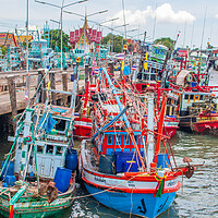 Buy canvas prints of fishing boats at a Pier in Thailand by Wilfried Strang