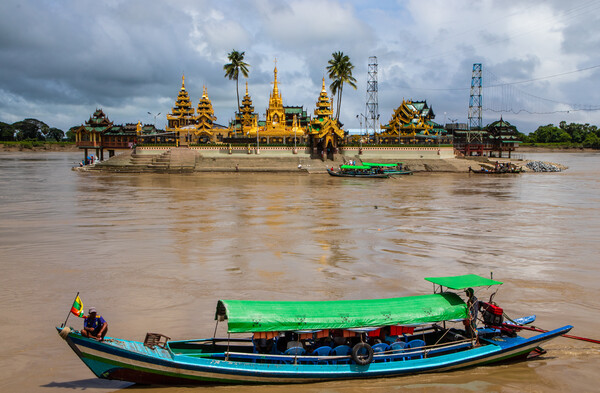 Cross the river by boat to the Midstream Kyauktan Pagoda or Ye Le Pagoda near Yangon in Myanmar Burma Picture Board by Wilfried Strang