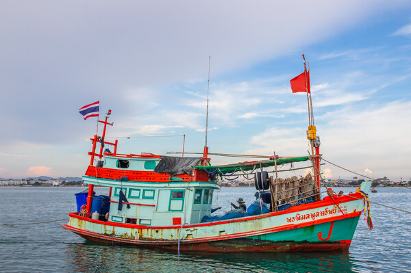  a fishing boat at a Pier in Thailand Southeast Asia Picture Board by Wilfried Strang