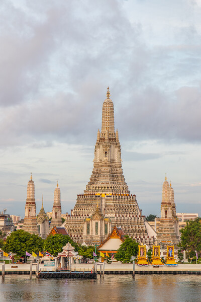 the first-class royal Thai Temple Wat Arun and the Chao Phraya River in Bangkok Thailand Southeast Asia Picture Board by Wilfried Strang