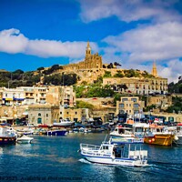 Buy canvas prints of Blue sea with boats in a Harbour Marina of the Mal by Maggie Bajada