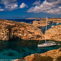 Buy canvas prints of Crystal Blue Coastline with boats of the Maltese I by Maggie Bajada