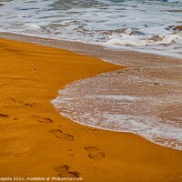 Buy canvas prints of Sea and Red Sand with footsteps by Maggie Bajada