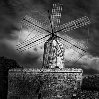 Buy canvas prints of Dramatic Monochrome - Ta Kola Windmill in Xaghra,  by Maggie Bajada