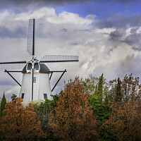 Buy canvas prints of White Windmill with Colorful Autumn trees by Maggie Bajada
