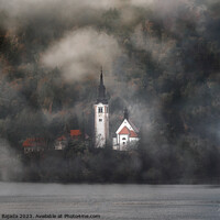 Buy canvas prints of Misty Morning at Lake Bled with Clouds and Trees. by Maggie Bajada