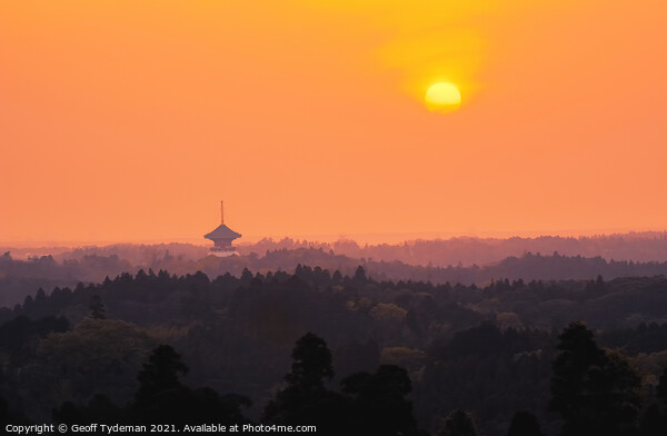 Sunrise over a Bhuddist Temple in Japan Picture Board by Geoff Tydeman