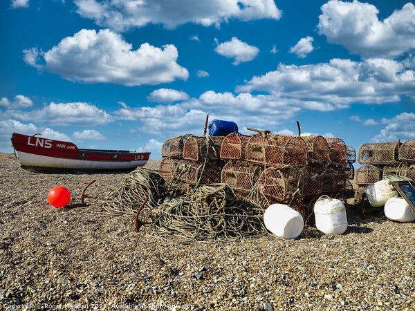 Fishing Gear and Boat on the Norfolk Shore Picture Board by Roger Mechan
