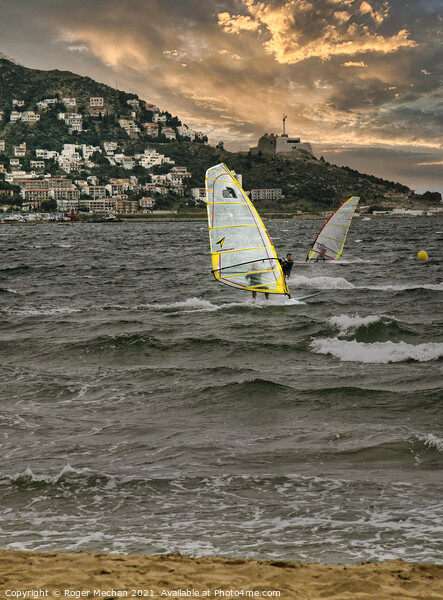 Windsurfing off the Coast of Roses Picture Board by Roger Mechan
