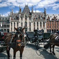 Buy canvas prints of Bruges' Baroque City Hall and Horse-Drawn Charm by Roger Mechan