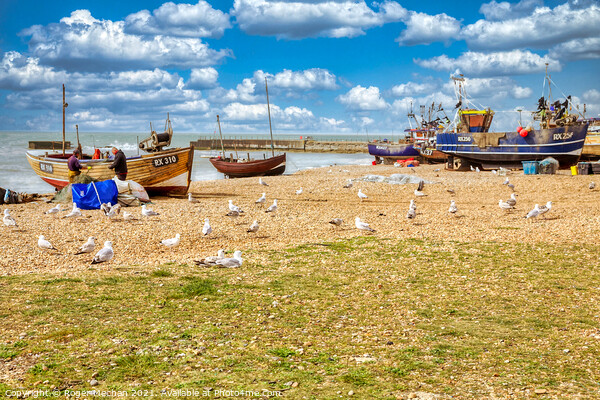 Serene Fishing Boats at Hastings Beach Picture Board by Roger Mechan