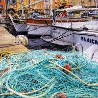 Buy canvas prints of Earth-Toned Fishing Scene in St Tropez by Roger Mechan