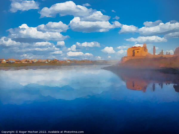 Serene Spanish Church by a Blue Lake Picture Board by Roger Mechan