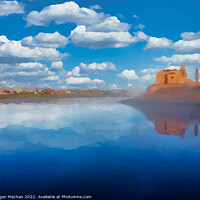 Buy canvas prints of Serene Spanish Church by a Blue Lake by Roger Mechan