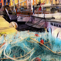 Buy canvas prints of The Rustic Charm of St Tropez's Fishing Harbour by Roger Mechan