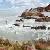 Buy canvas prints of Thrift Flowers on the Rugged North Devon Coast by Roger Mechan