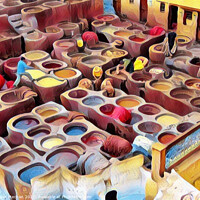 Buy canvas prints of Vibrant Dye Pits of Fez Tanneries by Roger Mechan