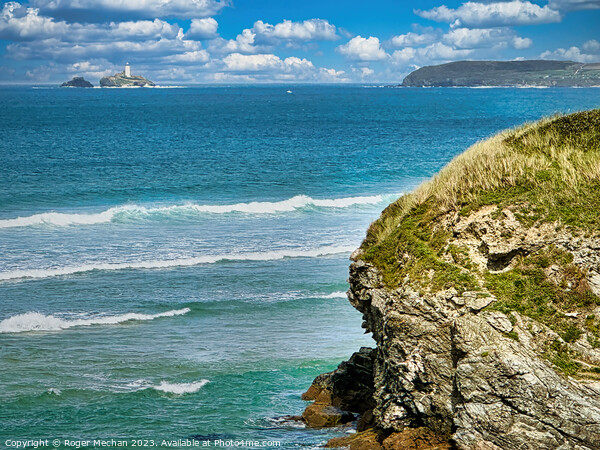 Godrevy Lighthouse from Hayle Towans cliffs Cornwa Picture Board by Roger Mechan