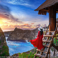Buy canvas prints of Young girl on steps of house on tree at sunrise in Nusa Penida  by Stan Lihai