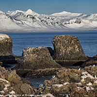 Buy canvas prints of Snow and sea stacks Iceland by Giles Rocholl