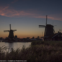 Buy canvas prints of Dutch windmills at dusk. by Giles Rocholl