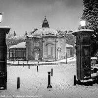 Buy canvas prints of Harrogate Pump Room and snow by Giles Rocholl