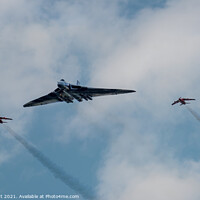 Buy canvas prints of Vulcan XH558 with Red Arrows Escort by Bob Kent