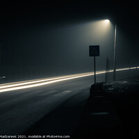 Buy canvas prints of Dark foggy city street at night with a light trail by Mihajlo Madzarevic