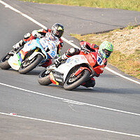 Buy canvas prints of IOM TT road races, Cameron Donald leading Bruce Anstey by Russell Finney