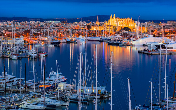 Night view of city Palma de Mallorca with marina port, Spain Framed Mounted Print by Alex Winter
