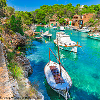 Buy canvas prints of Mallorca Spain beautiful bay boats Cala Figuera by Alex Winter
