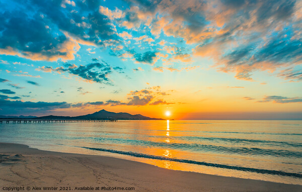 Idyllic sunrise at bay of Alcudia beach, coast on Mallorca Framed Print by Alex Winter
