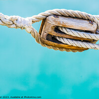 Buy canvas prints of Detail image of wooden pulley with ropes by Alex Winter
