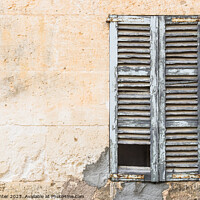 Buy canvas prints of Detail view of old damaged window shutters by Alex Winter