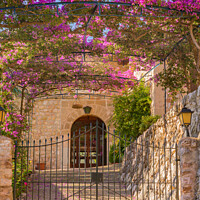 Buy canvas prints of Metal gate entrance of an mediterranean house with beautiful bougainvillea  by Alex Winter
