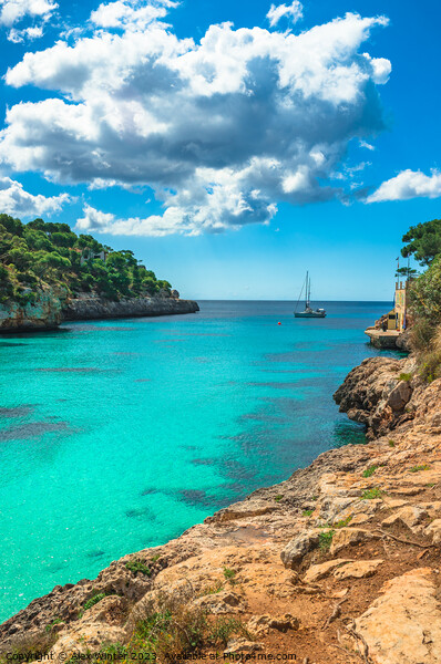Idyllic bay with boat at coast Cala Santanyi Picture Board by Alex Winter