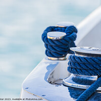 Buy canvas prints of Detail view of motorboat yacht rope cleat on boat  by Alex Winter