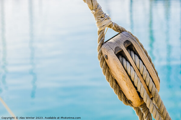 Pulley with ropes of a classic sailing boat Picture Board by Alex Winter