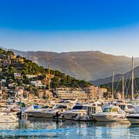 Buy canvas prints of Idyllic view of the bay at Port de Soller with anchoring boats and beautiful landscape, Majorca Spain by Alex Winter