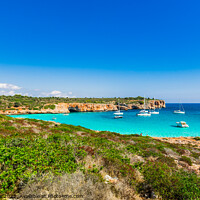 Buy canvas prints of Beautiful coastline on Mallorca, idyllic bay of Cala Varques with anchoring boats, Spain island by Alex Winter