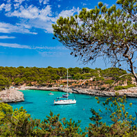 Buy canvas prints of Beautiful seaside, beach bay with boats on Mallorca, Spain Mediterranean Sea by Alex Winter