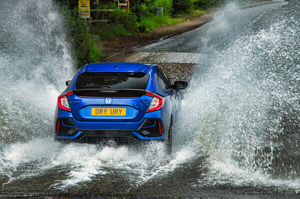 Blue Honda Civic conquers flooded Ford Picture Board by Martin Day