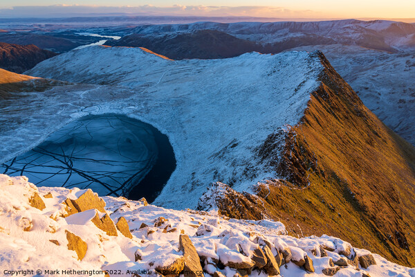 Striding Edge and Red Tarn, Helvellyn at Sunrise Picture Board by Mark Hetherington