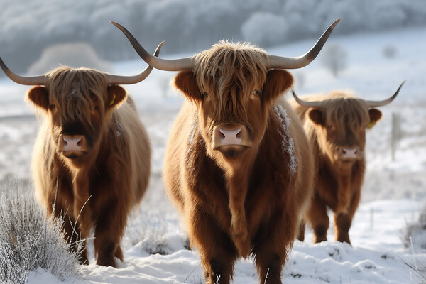 Highland Cows In The Snow 4 Picture Board by Picture Wizard