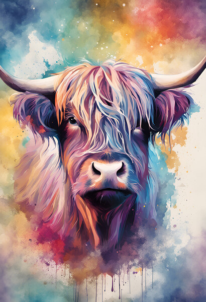 Highland Cow Ink Splatter portrait Picture Board by Picture Wizard