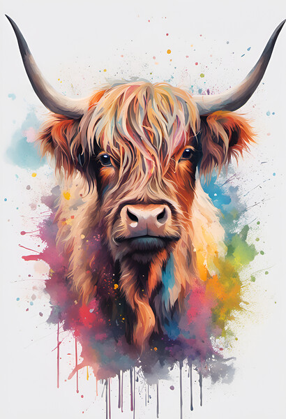 Highland Cow Ink Splatter portrait Picture Board by Picture Wizard