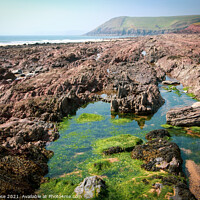 Buy canvas prints of Manorbier Bay beach rockpools by Chris Rose